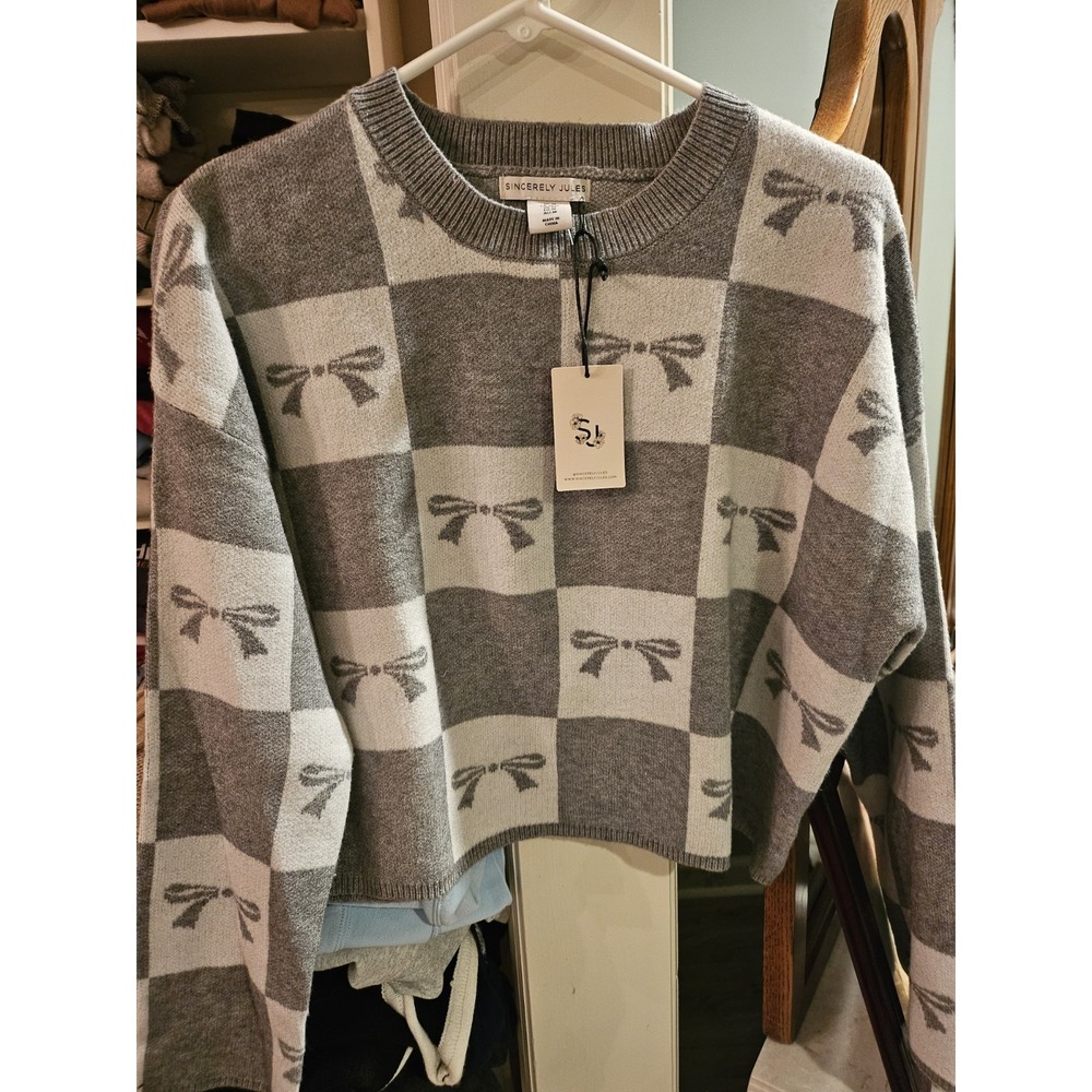 Cropped Color Block Knit Sweater With Bows, Grey And White Sz Med